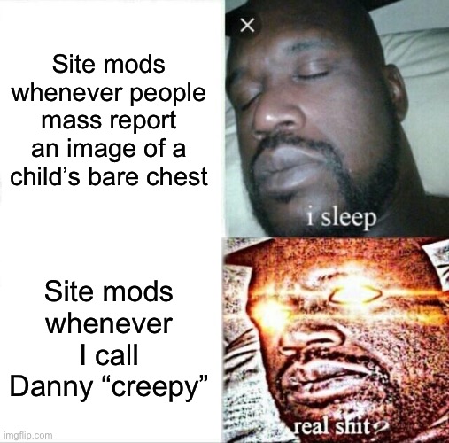I reported it 3 times. Still isn’t down | Site mods whenever people mass report an image of a child’s bare chest; Site mods whenever I call Danny “creepy” | image tagged in memes,sleeping shaq | made w/ Imgflip meme maker