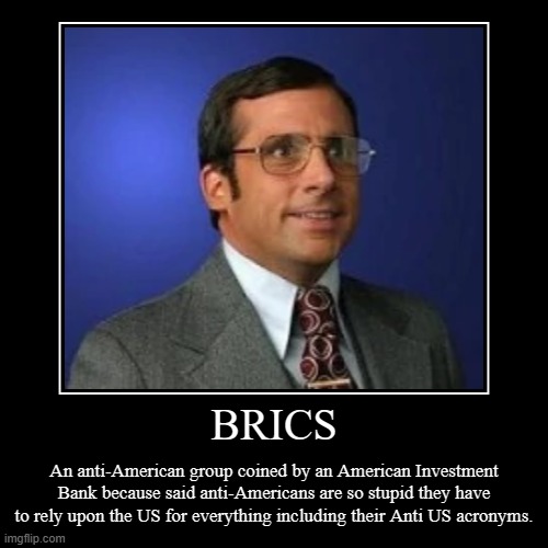 BRICS | An anti-American group coined by an American Investment Bank because said anti-Americans are so stupid they have to rely upon the US | image tagged in funny,demotivationals | made w/ Imgflip demotivational maker