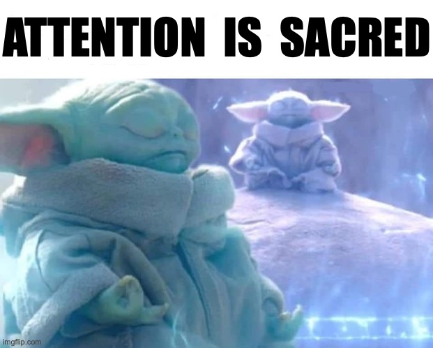baby yoda meditating | ATTENTION  IS  SACRED | image tagged in baby yoda meditating | made w/ Imgflip meme maker