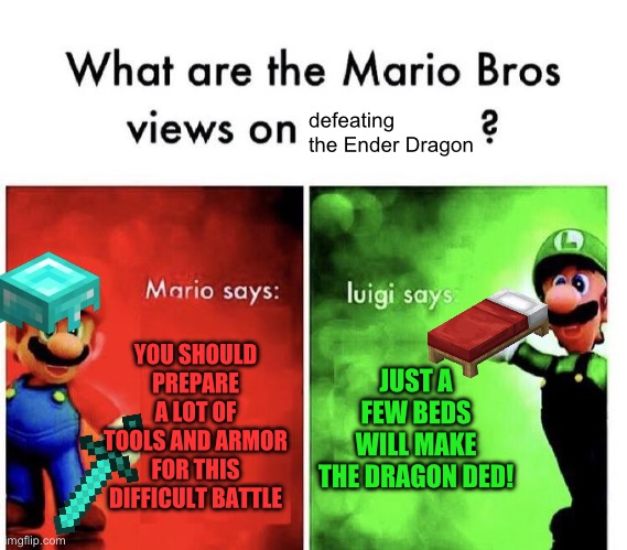 Bed = Ded | defeating the Ender Dragon; YOU SHOULD PREPARE A LOT OF TOOLS AND ARMOR FOR THIS DIFFICULT BATTLE; JUST A FEW BEDS WILL MAKE THE DRAGON DED! | image tagged in mario bros views,memes,funny,minecraft | made w/ Imgflip meme maker