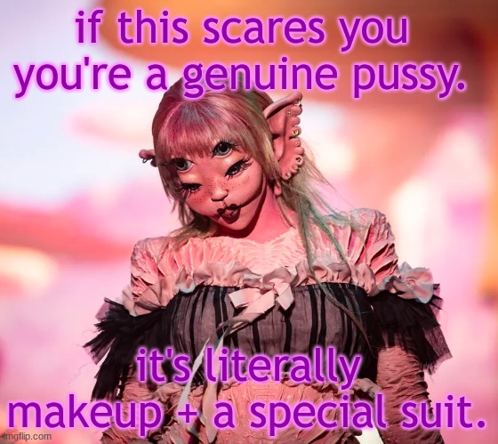 mel | if this scares you 
you're a genuine pussy. it's literally makeup + a special suit. | image tagged in mel | made w/ Imgflip meme maker