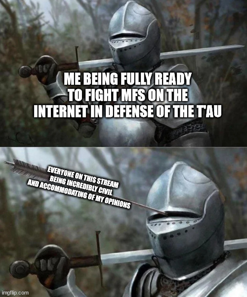 The Imgflip Warhammer community is a model of how discourse on the internet should be | ME BEING FULLY READY TO FIGHT MFS ON THE INTERNET IN DEFENSE OF THE T'AU; EVERYONE ON THIS STREAM BEING INCREDIBLY CIVIL AND ACCOMMODATING OF MY OPINIONS | image tagged in medieval knight with arrow in eye slot | made w/ Imgflip meme maker