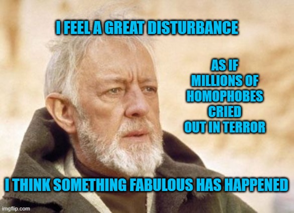 Something fabulous | I FEEL A GREAT DISTURBANCE; AS IF MILLIONS OF HOMOPHOBES CRIED OUT IN TERROR; I THINK SOMETHING FABULOUS HAS HAPPENED | image tagged in memes,obi wan kenobi | made w/ Imgflip meme maker