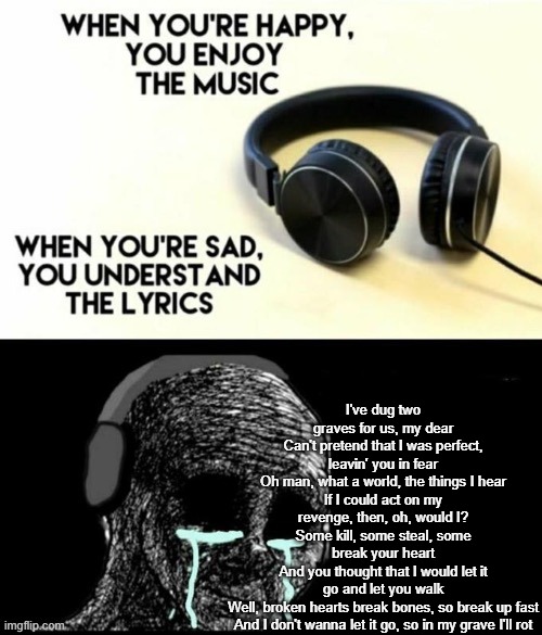 When your sad you understand the lyrics | I've dug two graves for us, my dear
Can't pretend that I was perfect, leavin' you in fear
Oh man, what a world, the things I hear
If I could act on my revenge, then, oh, would I?
Some kill, some steal, some break your heart
And you thought that I would let it go and let you walk
Well, broken hearts break bones, so break up fast
And I don't wanna let it go, so in my grave I'll rot | image tagged in when your sad you understand the lyrics | made w/ Imgflip meme maker