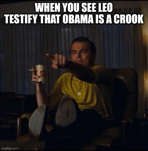 Leonardo DiCaprio Pointing | WHEN YOU SEE LEO TESTIFY THAT OBAMA IS A CROOK | image tagged in leonardo dicaprio pointing | made w/ Imgflip meme maker