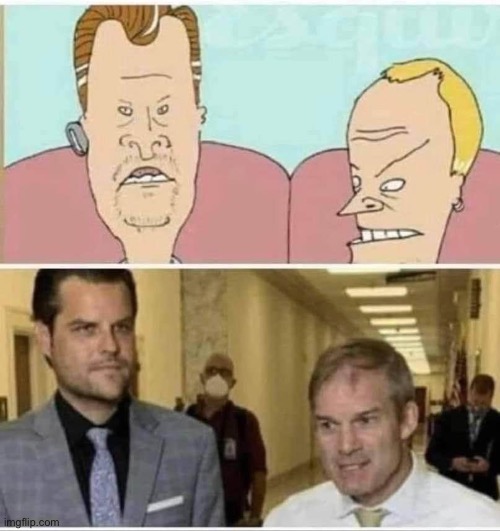Matt Gaetz, Jim Jordan, and Beavis and Butthead more or less | image tagged in matt gaetz jim jordan and beavis and butthead more or less | made w/ Imgflip meme maker