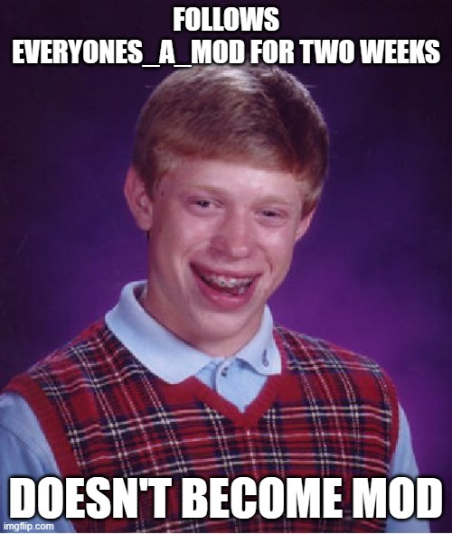 why? | FOLLOWS EVERYONES_A_MOD FOR TWO WEEKS; DOESN'T BECOME MOD | image tagged in memes,bad luck brian | made w/ Imgflip meme maker