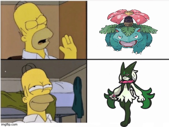 Homer perfers Meowscarada over Venusaur | image tagged in homer simpson drake meme template,pokemon | made w/ Imgflip meme maker
