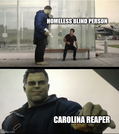 This is dark | HOMELESS BLIND PERSON; CAROLINA REAPER | image tagged in hulk gives antman taco | made w/ Imgflip meme maker