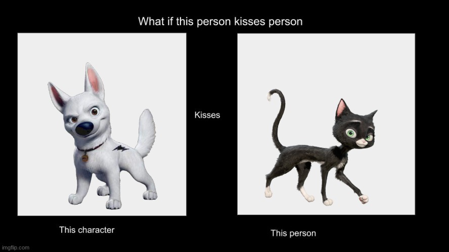 if anthro bolt kissed mittens | image tagged in what if this person kisses character,anthro,disney,cats,dogs,romance | made w/ Imgflip meme maker