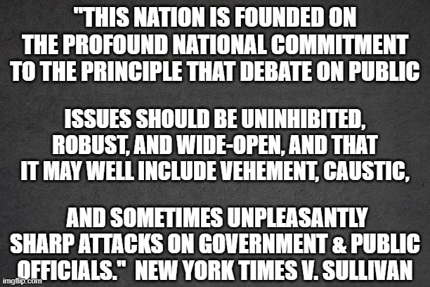 public debate | "THIS NATION IS FOUNDED ON THE PROFOUND NATIONAL COMMITMENT TO THE PRINCIPLE THAT DEBATE ON PUBLIC; ISSUES SHOULD BE UNINHIBITED, ROBUST, AND WIDE-OPEN, AND THAT IT MAY WELL INCLUDE VEHEMENT, CAUSTIC, AND SOMETIMES UNPLEASANTLY SHARP ATTACKS ON GOVERNMENT & PUBLIC OFFICIALS."  NEW YORK TIMES V. SULLIVAN | image tagged in constitution,supreme court,decisions,public speaking,freedom of speech,1st amendment | made w/ Imgflip meme maker