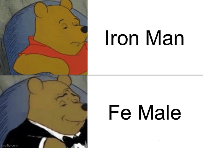 Still a man… still a man… | Iron Man; Fe Male | image tagged in memes,tuxedo winnie the pooh,iron man,female | made w/ Imgflip meme maker
