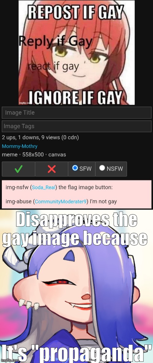 Disapproves the gay image because; It's "propaganda" | made w/ Imgflip meme maker