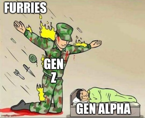 Protect Gen Alpha From These Beasts. | FURRIES; GEN Z; GEN ALPHA | image tagged in soldier protecting sleeping child,anti-furry | made w/ Imgflip meme maker