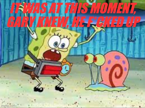 He f*cked up | IT WAS AT THIS MOMENT, GARY KNEW, HE F*CKED UP | image tagged in gary | made w/ Imgflip meme maker