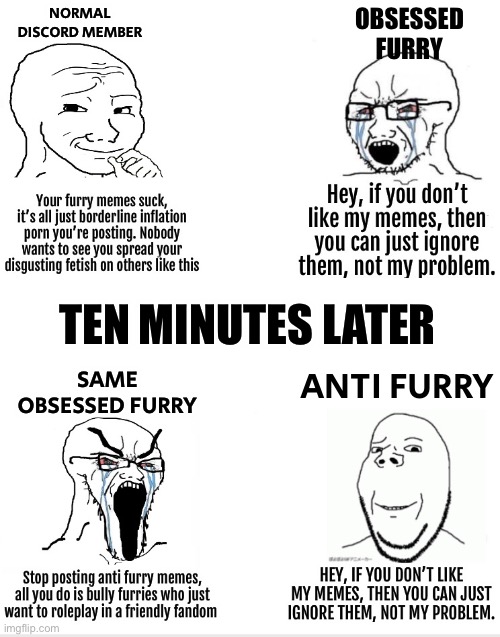 Word to word verbatim conversation I saw on discord yesterday | OBSESSED FURRY; NORMAL DISCORD MEMBER; TEN MINUTES LATER; SAME OBSESSED FURRY; ANTI FURRY | made w/ Imgflip meme maker