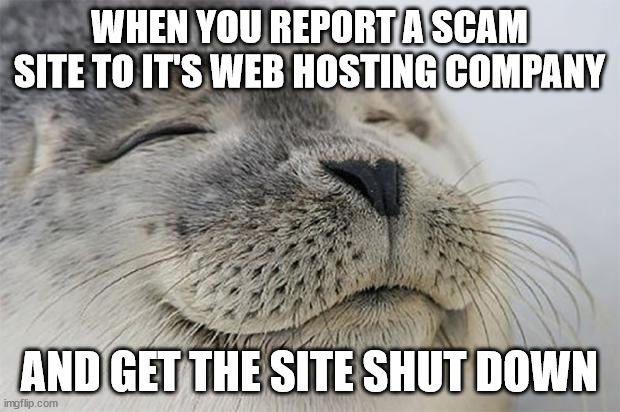 No stolen info for you | WHEN YOU REPORT A SCAM SITE TO IT'S WEB HOSTING COMPANY; AND GET THE SITE SHUT DOWN | image tagged in memes,satisfied seal | made w/ Imgflip meme maker