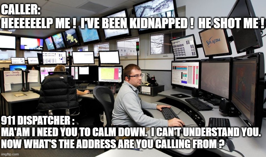 911 Dispatch | CALLER: 
HEEEEEELP ME !  I'VE BEEN KIDNAPPED !  HE SHOT ME ! 911 DISPATCHER : 
MA'AM I NEED YOU TO CALM DOWN.  I CAN'T UNDERSTAND YOU.  NOW  | image tagged in 911 dispatch | made w/ Imgflip meme maker