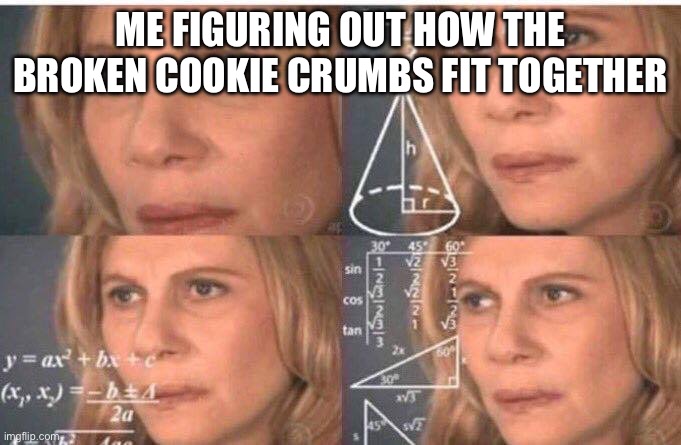 Personally, I do this all the time | ME FIGURING OUT HOW THE BROKEN COOKIE CRUMBS FIT TOGETHER | image tagged in math lady/confused lady,sad pablo escobar,1 trophy,tuxedo winnie the pooh,gifs,memes | made w/ Imgflip meme maker