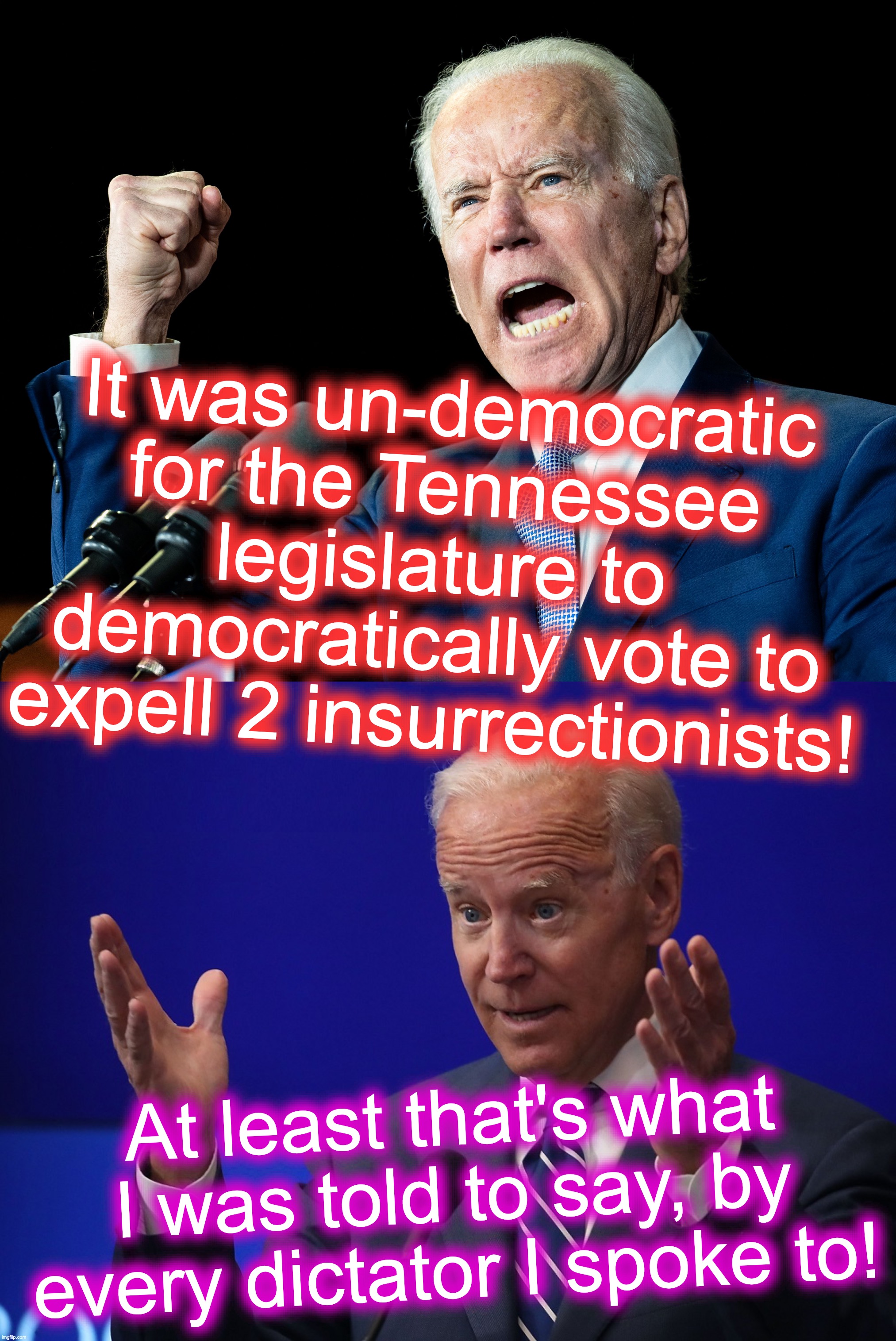 [warning: 'when democratic is now being called un-democratic' satire] | It was un-democratic for the Tennessee legislature to democratically vote to expell 2 insurrectionists! At least that's what I was told to say, by every dictator I spoke to! | image tagged in joe biden's fist,joe biden - hands up,idiotic | made w/ Imgflip meme maker