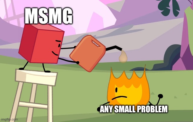 bfdi memes 1 | MSMG; ANY SMALL PROBLEM | image tagged in blocky pouring gasoline on firey | made w/ Imgflip meme maker