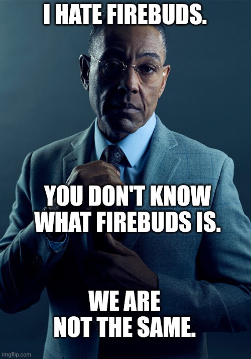 Do you know what Firebuds is? | I HATE FIREBUDS. YOU DON'T KNOW WHAT FIREBUDS IS. WE ARE NOT THE SAME. | image tagged in gus fring we are not the same,disney junior,firebuds | made w/ Imgflip meme maker