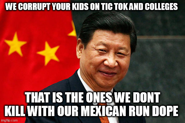 Xi Jinping | WE CORRUPT YOUR KIDS ON TIC TOK AND COLLEGES; THAT IS THE ONES WE DONT KILL WITH OUR MEXICAN RUN DOPE | image tagged in xi jinping | made w/ Imgflip meme maker