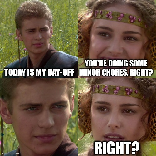 Anakin Padme 4 Panel | TODAY IS MY DAY-OFF; YOU'RE DOING SOME MINOR CHORES, RIGHT? RIGHT? | image tagged in anakin padme 4 panel | made w/ Imgflip meme maker