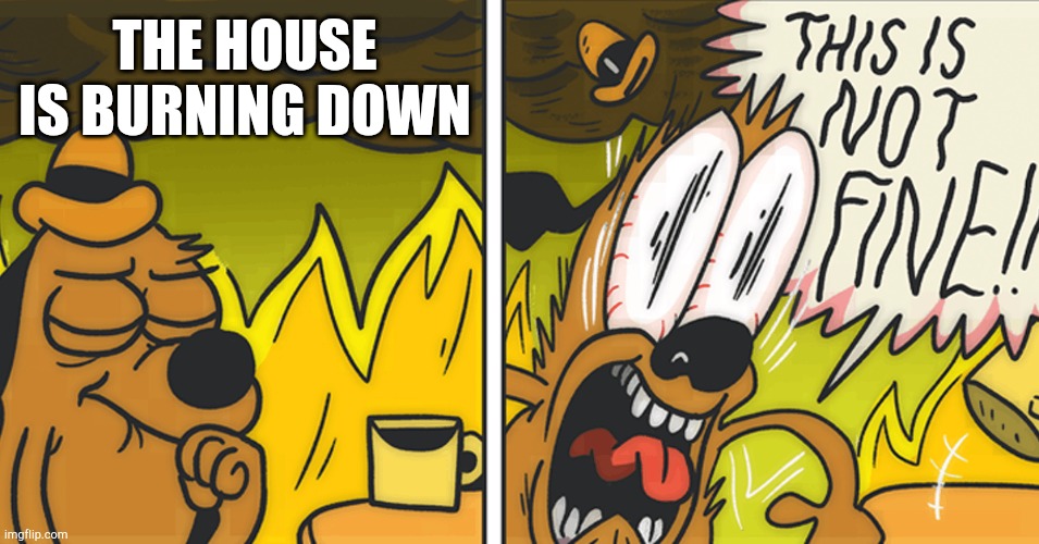Cool template | THE HOUSE IS BURNING DOWN | image tagged in this is not fine | made w/ Imgflip meme maker
