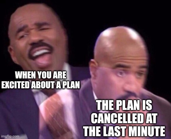 When you are excited about a plan and it gets cancelled | WHEN YOU ARE EXCITED ABOUT A PLAN; THE PLAN IS CANCELLED AT THE LAST MINUTE | image tagged in steve harvey laughing serious | made w/ Imgflip meme maker