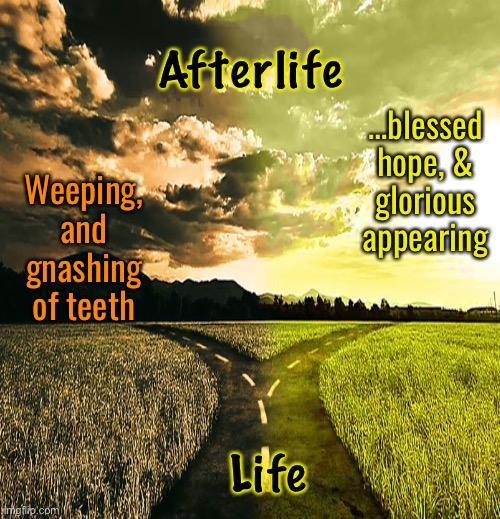 Your decisions —now— make all the difference | Afterlife; …blessed
hope, &
glorious
appearing; Weeping,
and
gnashing
of teeth; Life | image tagged in memes,it will last forever,eternity is a long time,do the right thing,make the right choice now,the way the truth the life | made w/ Imgflip meme maker