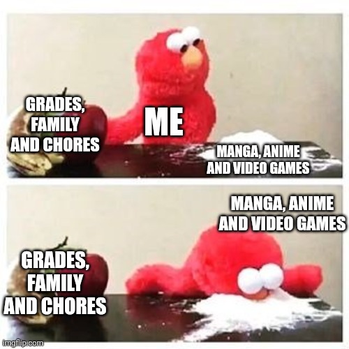 i got an addiction to manga recently so Y E S | GRADES, FAMILY AND CHORES; ME; MANGA, ANIME AND VIDEO GAMES; MANGA, ANIME AND VIDEO GAMES; GRADES, FAMILY AND CHORES | image tagged in elmo cocaine,manga,anime,video games | made w/ Imgflip meme maker