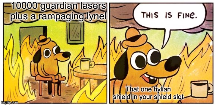 This Is Fine | 10000 guardian lasers plus a rampaging lynel; That one hylian shield in your shield slot | image tagged in memes,this is fine | made w/ Imgflip meme maker