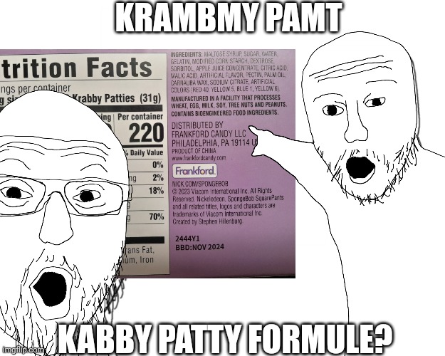 Krabby Patty Formula | KRAMBMY PAMT; KABBY PATTY FORMULE? | image tagged in krabby patty,what it's just an ordinary krabby oh my goodness,you like krabby patties,mr krabs,spongebob,soyjak pointing | made w/ Imgflip meme maker