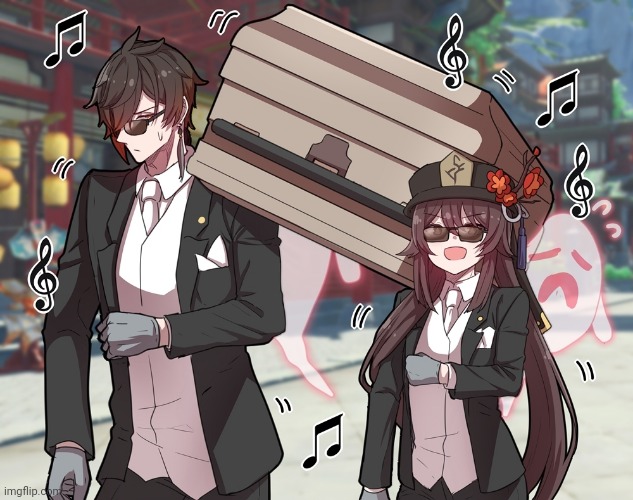 Therapist: you can't hear images. The image: | image tagged in zhongli hu tao dancing coffin | made w/ Imgflip meme maker