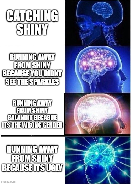 shiny spiritomb moment | CATCHING SHINY; RUNNING AWAY FROM SHINY BECAUSE YOU DIDNT SEE THE SPARKLES; RUNNING AWAY FROM SHINY SALANDIT BECASUE ITS THE WRONG GENDER; RUNNING AWAY FROM SHINY BECAUSE ITS UGLY | image tagged in memes,expanding brain | made w/ Imgflip meme maker