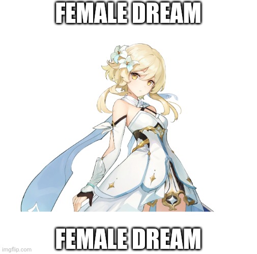 Has a twin, loses the twin, twin turns evil... or something | FEMALE DREAM; FEMALE DREAM | image tagged in lumine | made w/ Imgflip meme maker