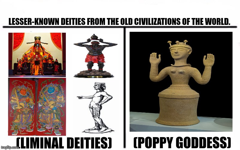 Who Would Win Blank | LESSER-KNOWN DEITIES FROM THE OLD CIVILIZATIONS OF THE WORLD. (POPPY GODDESS); (LIMINAL DEITIES) | image tagged in memes,minor,god | made w/ Imgflip meme maker