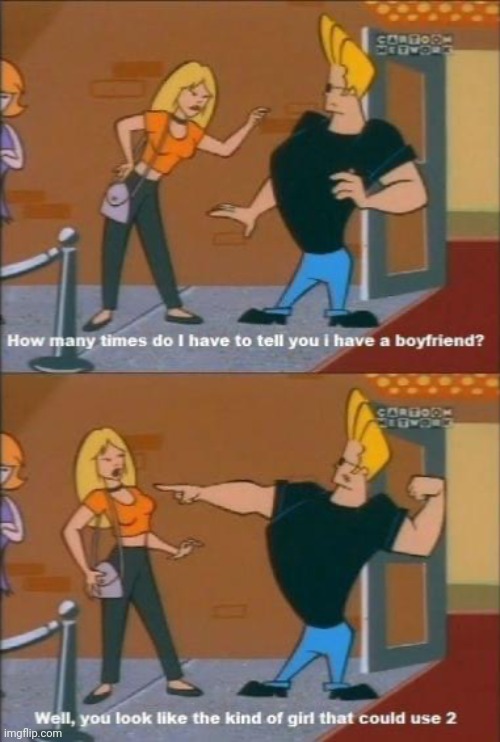 Polyamory in an American cartoon. | image tagged in johnny bravo pick-up line,surprise,lifestyle,modern family | made w/ Imgflip meme maker