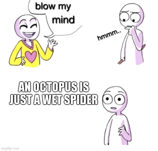 Blow my mind | AN OCTOPUS IS JUST A WET SPIDER | image tagged in blow my mind | made w/ Imgflip meme maker