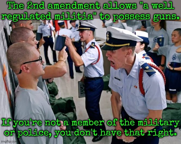 Sorry to break it to you. | The 2nd amendment allows "a well regulated militia" to possess guns. If you're not a member of the military or police, you don't have that right. | image tagged in coast guard,second amendment,misunderstanding | made w/ Imgflip meme maker