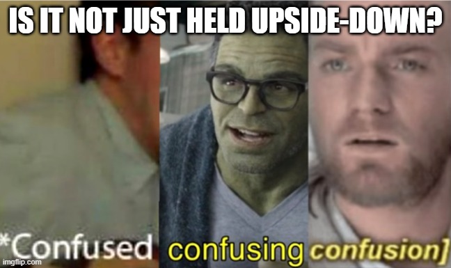 confused confusing confusion | IS IT NOT JUST HELD UPSIDE-DOWN? | image tagged in confused confusing confusion | made w/ Imgflip meme maker