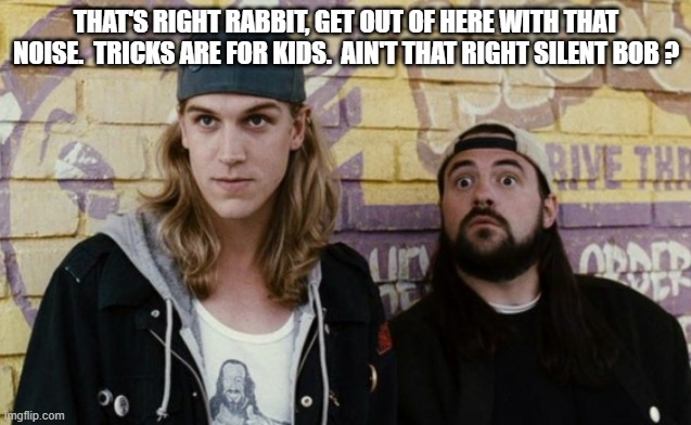 Jay And Silent Bob 1 | THAT'S RIGHT RABBIT, GET OUT OF HERE WITH THAT NOISE.  TRICKS ARE FOR KIDS.  AIN'T THAT RIGHT SILENT BOB ? | image tagged in jay and silent bob 1 | made w/ Imgflip meme maker