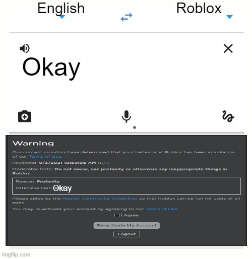 Very true | English; Roblox; Okay; Okay | image tagged in google translate,roblox,memes | made w/ Imgflip meme maker