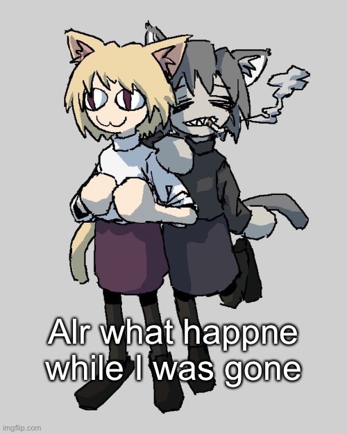 Neco arc and chaos neco arc | Alr what happne while I was gone | image tagged in neco arc and chaos neco arc | made w/ Imgflip meme maker