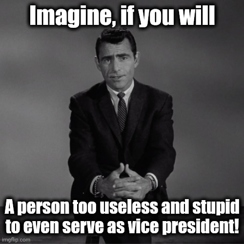 imagine if you will | Imagine, if you will A person too useless and stupid to even serve as vice president! | image tagged in imagine if you will | made w/ Imgflip meme maker