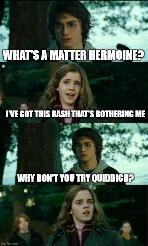 Itch Relief | WHAT'S A MATTER HERMOINE? I'VE GOT THIS RASH THAT'S BOTHERING ME; WHY DON'T YOU TRY QUIDDICH? | image tagged in harry potter | made w/ Imgflip meme maker