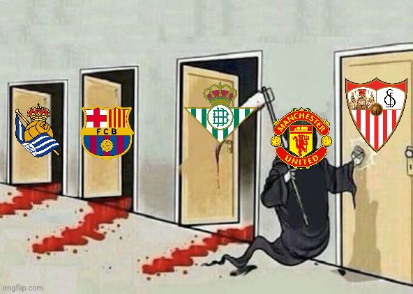 Man United - the UEL Spanish Clubs' Nightmare? | image tagged in grim reaper 4 doors,manchester united,erreala,barcelona,betis,sevilla | made w/ Imgflip meme maker