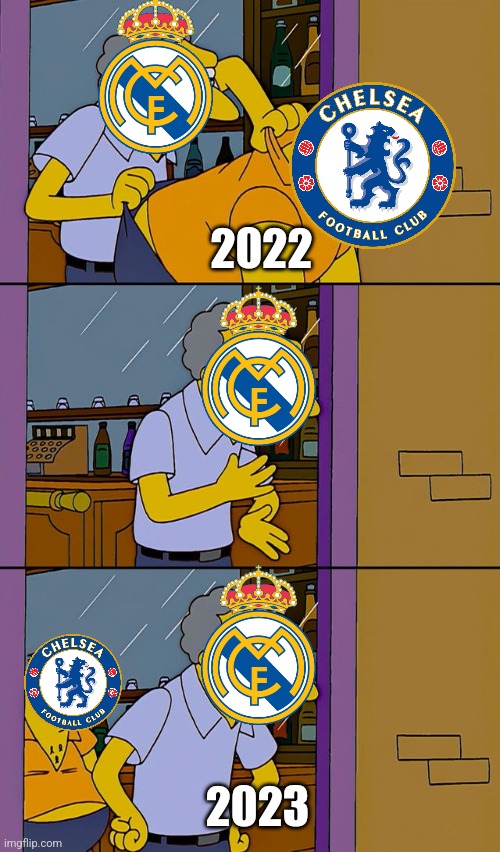 Real Madrid vs. FC Chelsea meme | 2022; 2023 | image tagged in moe throws barney,real madrid,chelsea,champions league,futbol,memes | made w/ Imgflip meme maker