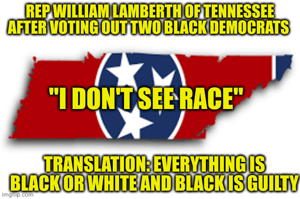 White trash is trash no matter how many rubes voted you into office | REP WILLIAM LAMBERTH OF TENNESSEE AFTER VOTING OUT TWO BLACK DEMOCRATS; "I DON'T SEE RACE"; TRANSLATION: EVERYTHING IS BLACK OR WHITE AND BLACK IS GUILTY | image tagged in tennessee | made w/ Imgflip meme maker